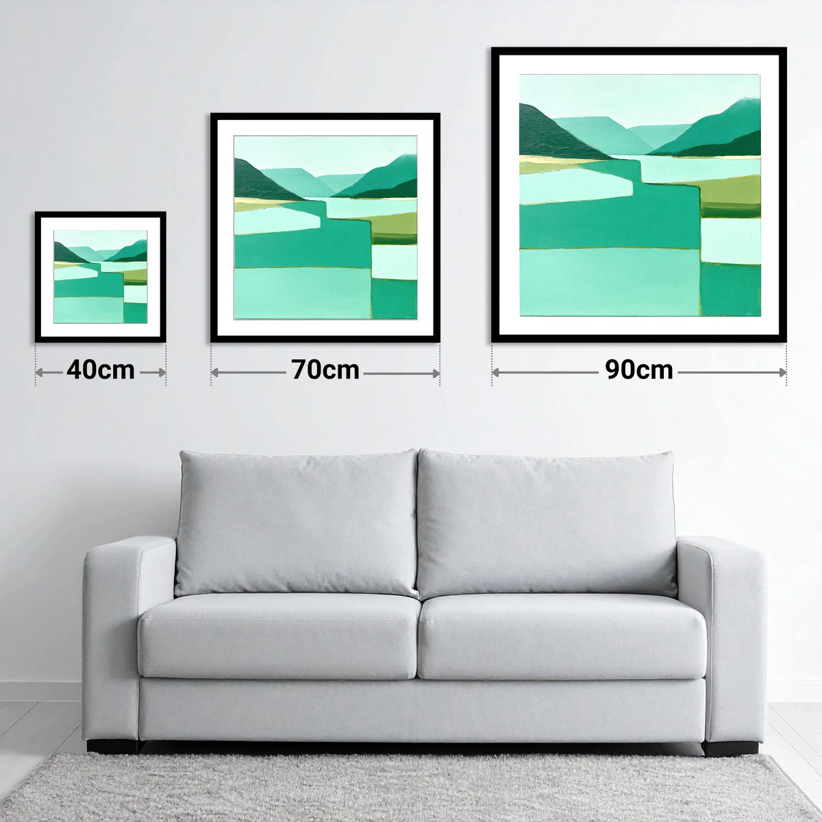 Abstract Teal Lake And Fells - size guide showing 40cm, 70cm and 90cm art prints