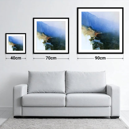 Valley Wall in Indigo Mist - size guide showing 40cm, 70cm and 90cm art prints