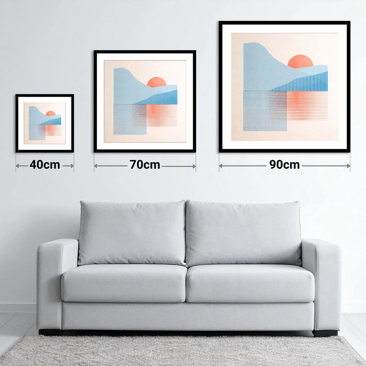 Geometric Still Lake Dawn - size guide showing 40cm, 70cm and 90cm art prints
