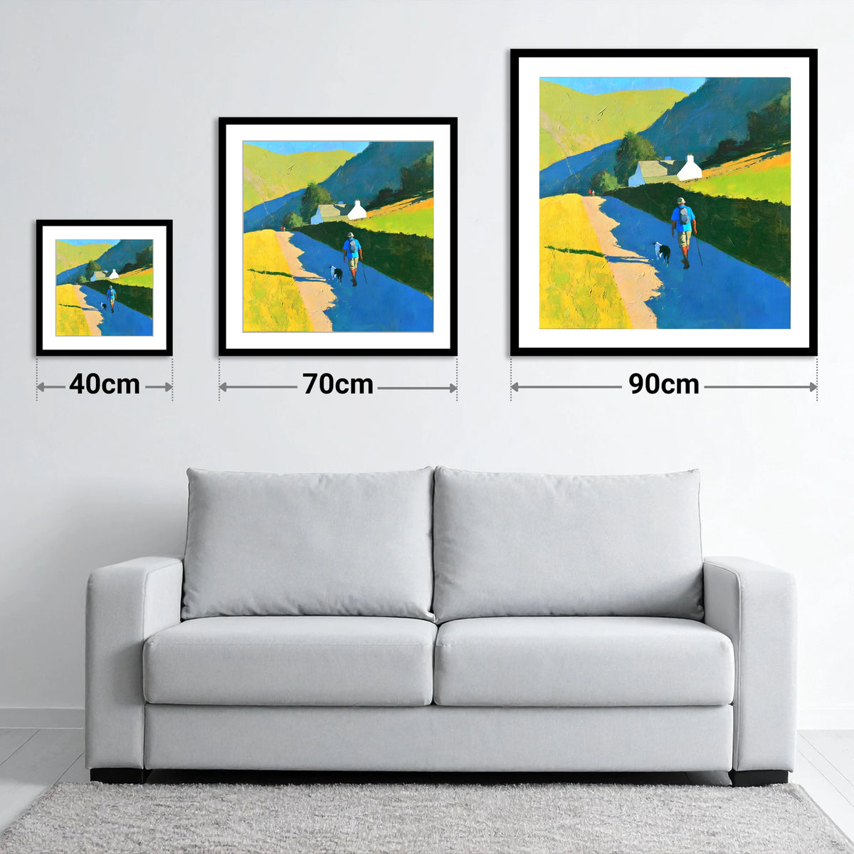 Sunlit Walker and Dog Near Patterdale - size guide showing 40cm, 70cm and 90cm art prints