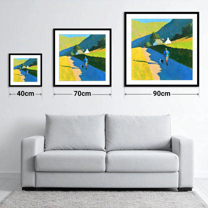 Sunlit Walker and Dog Near Patterdale - size guide showing 40cm, 70cm and 90cm art prints