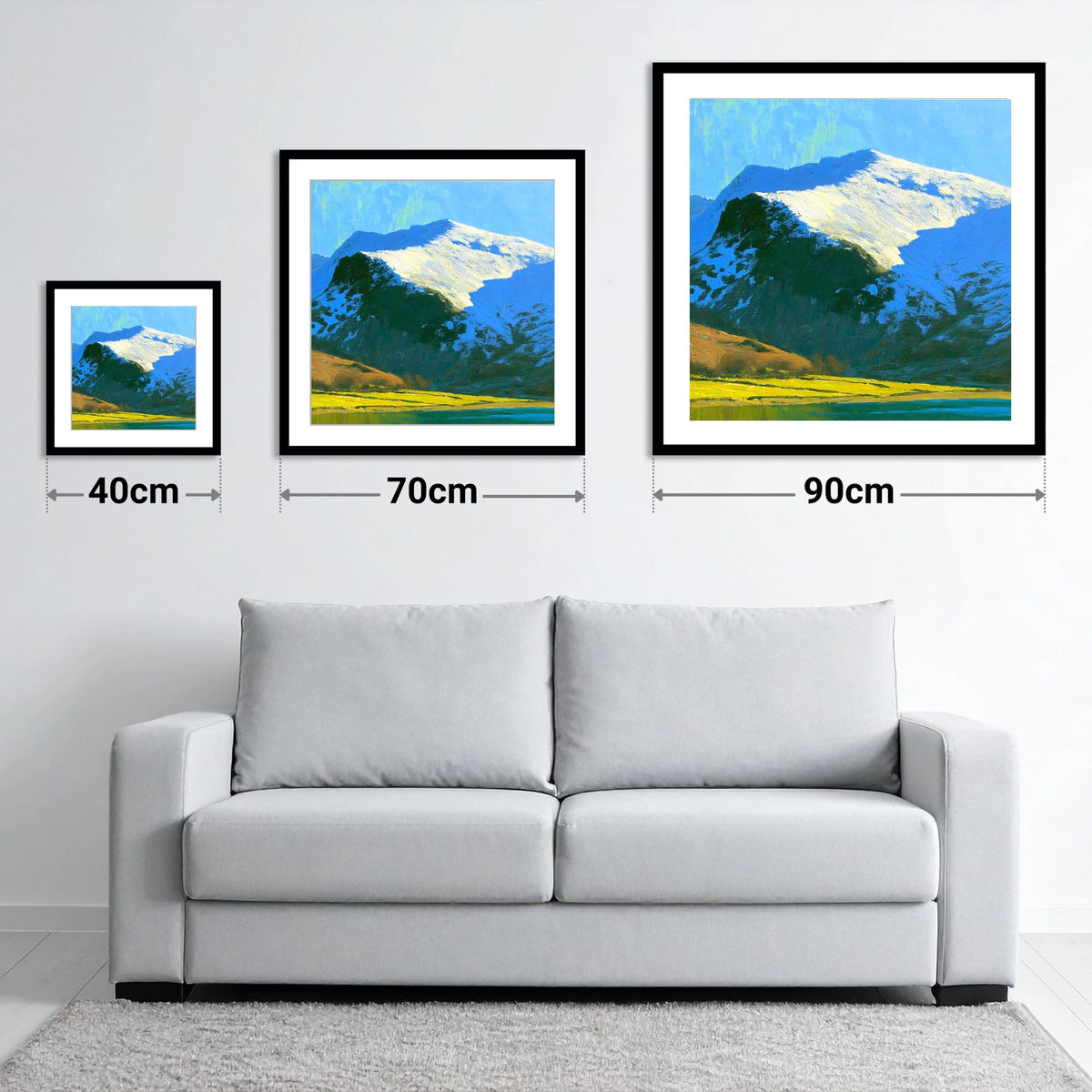 Winter Sunlight on Watson's Dodd - size guide showing 40cm, 70cm and 90cm art prints