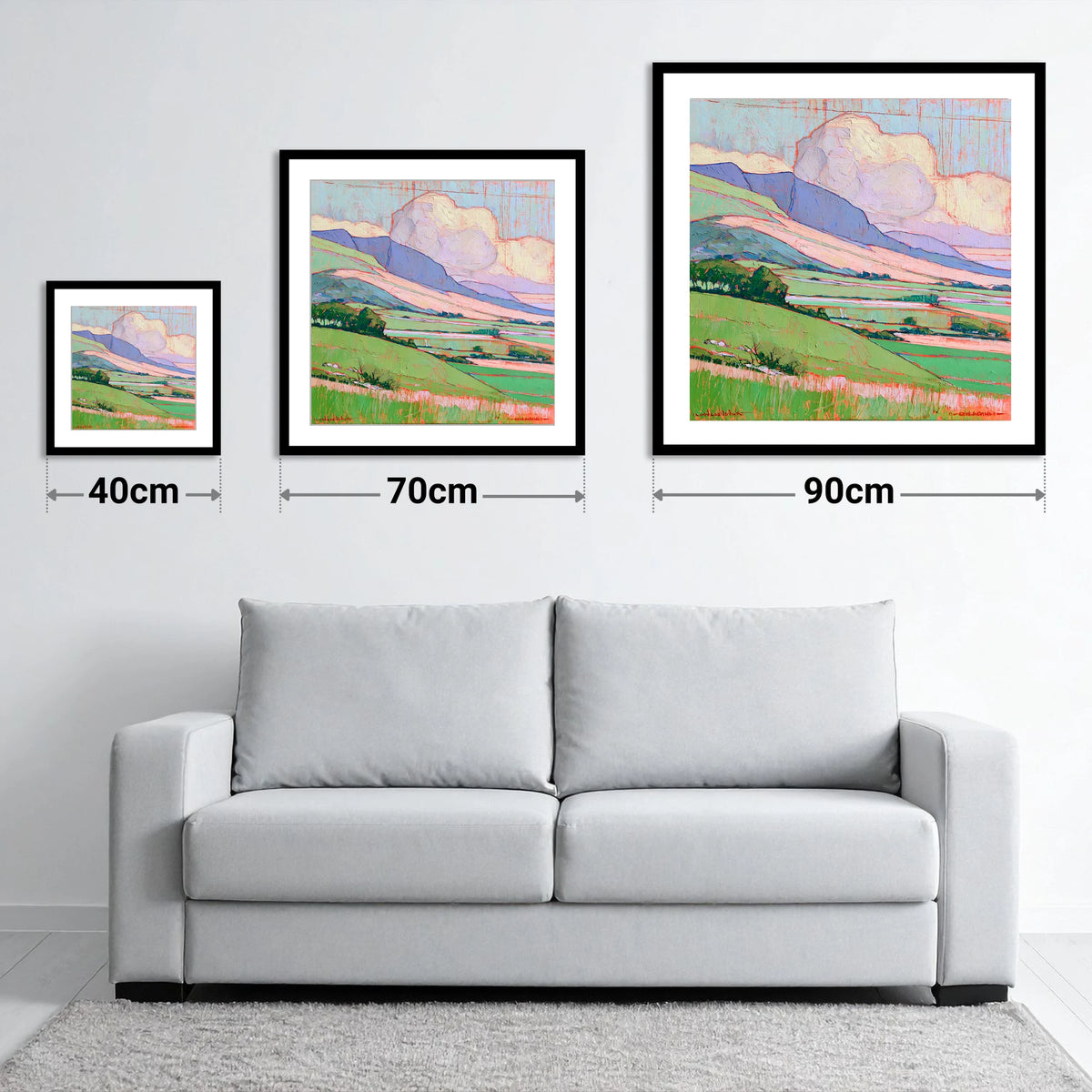 Vibrant Fells Under Billowing Cloud - size guide showing 40cm, 70cm and 90cm art prints