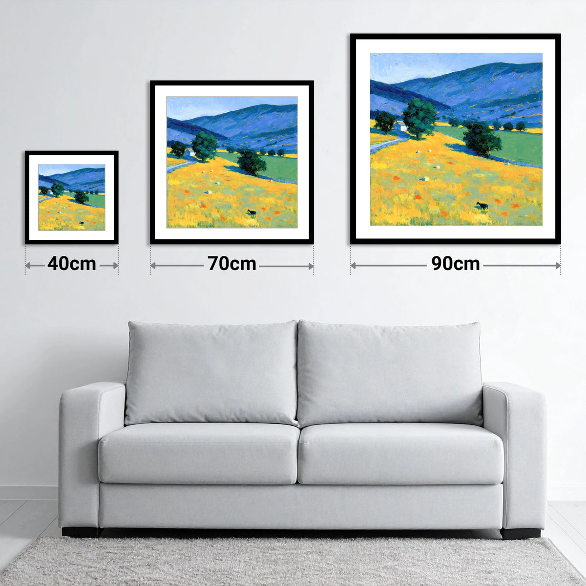 Golden Evening Fells and Pastures - size guide showing 40cm, 70cm and 90cm art prints
