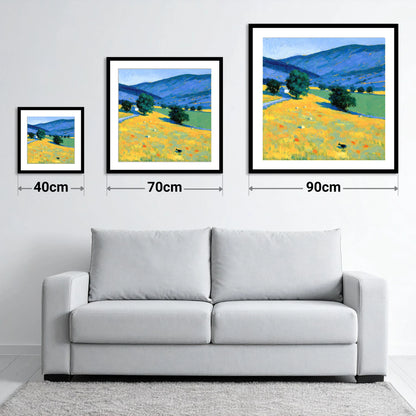 Golden Evening Fells and Pastures - size guide showing 40cm, 70cm and 90cm art prints