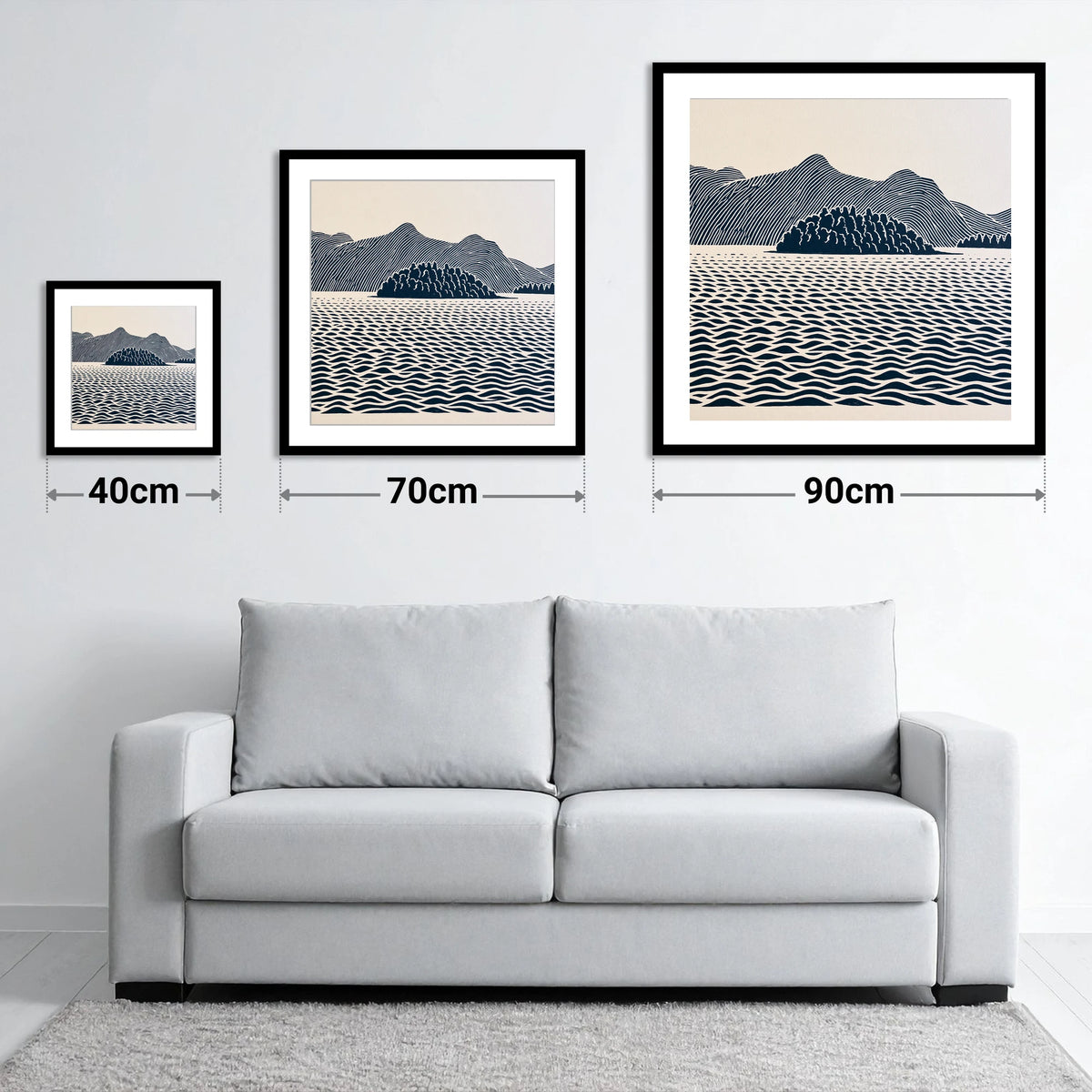 Derwentwater Island in Inky Blue - size guide showing 40cm, 70cm and 90cm art prints