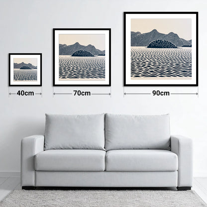 Derwentwater Island in Inky Blue - size guide showing 40cm, 70cm and 90cm art prints