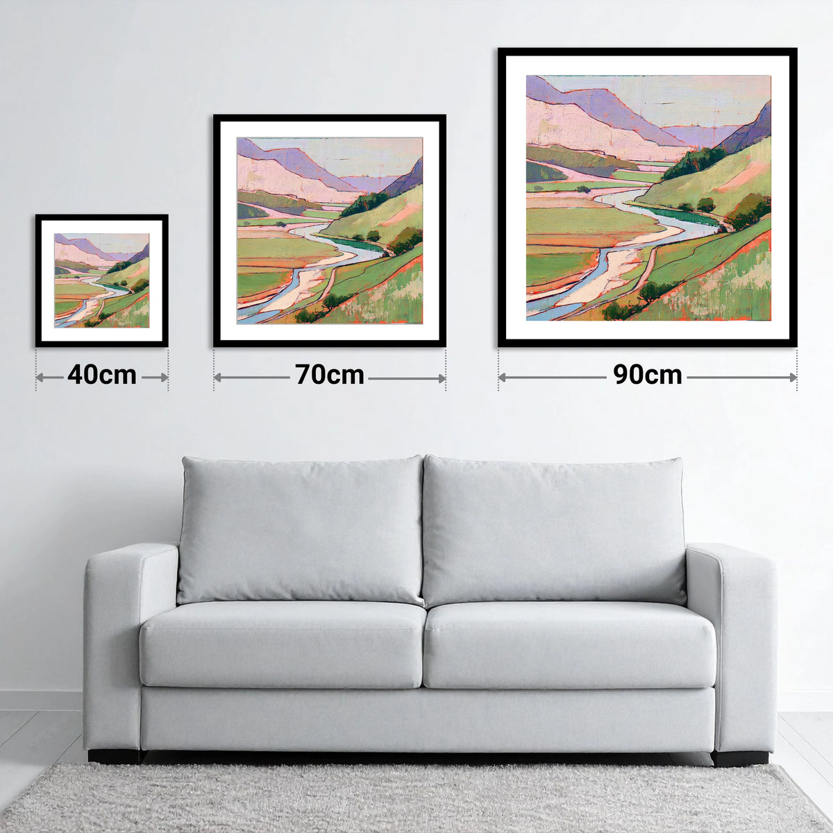 Pastel Fells and Winding River - size guide showing 40cm, 70cm and 90cm art prints