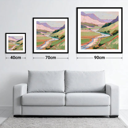 Pastel Fells and Winding River - size guide showing 40cm, 70cm and 90cm art prints