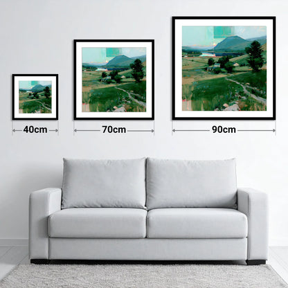 Neon Sunrise Over Lakeland Valley - size guide showing 40cm, 70cm and 90cm art prints