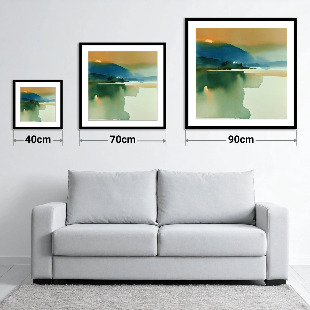 Teal and Gold Lake Sunset - size guide showing 40cm, 70cm and 90cm art prints