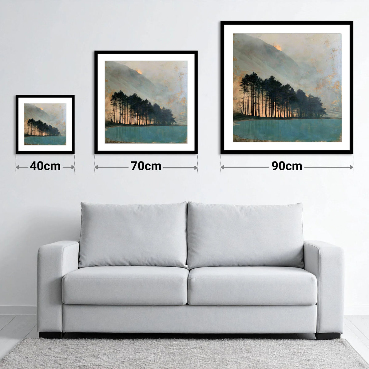 Silhouetted Pines at Buttermere - size guide showing 40cm, 70cm and 90cm art prints