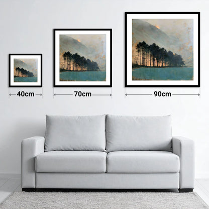 Silhouetted Pines at Buttermere - size guide showing 40cm, 70cm and 90cm art prints