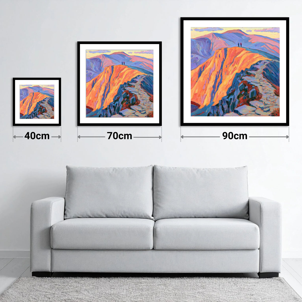 Helvellyn Summit in Fiery Light - size guide showing 40cm, 70cm and 90cm art prints