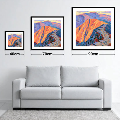 Helvellyn Summit in Fiery Light - size guide showing 40cm, 70cm and 90cm art prints