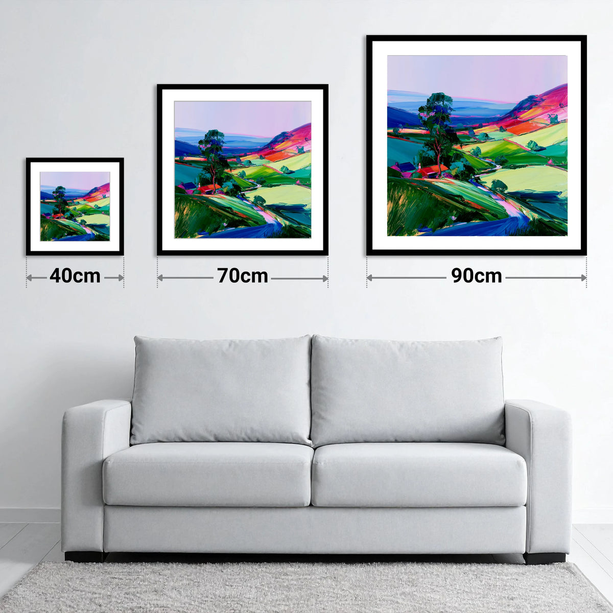 Vibrant Patchwork Dale Fields - size guide showing 40cm, 70cm and 90cm art prints
