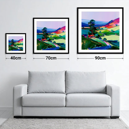 Vibrant Patchwork Dale Fields - size guide showing 40cm, 70cm and 90cm art prints