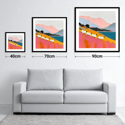 Vibrant Herdwicks Above Teal Lake - size guide showing 40cm, 70cm and 90cm art prints