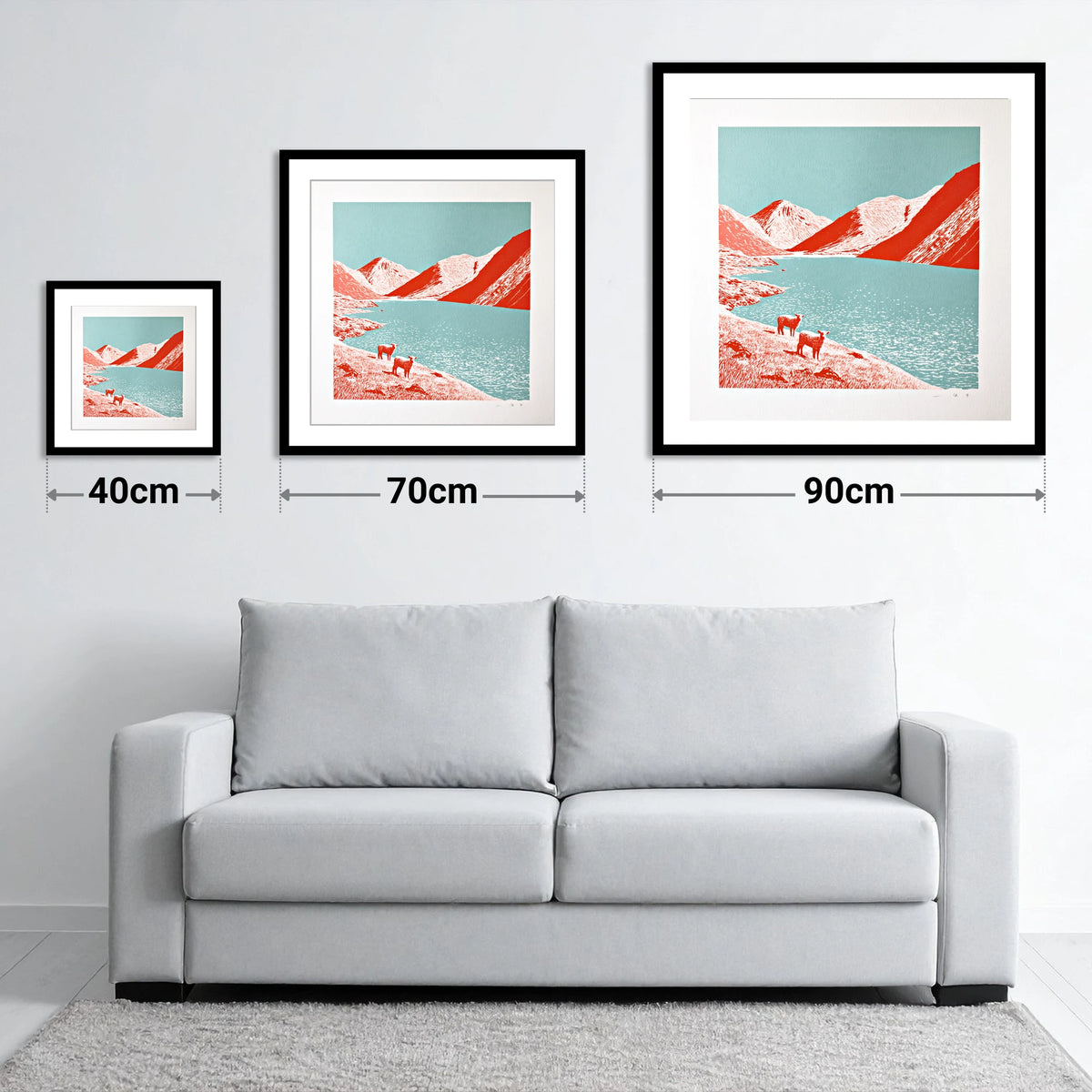 Wastwater Fells in Bold Red - size guide showing 40cm, 70cm and 90cm art prints
