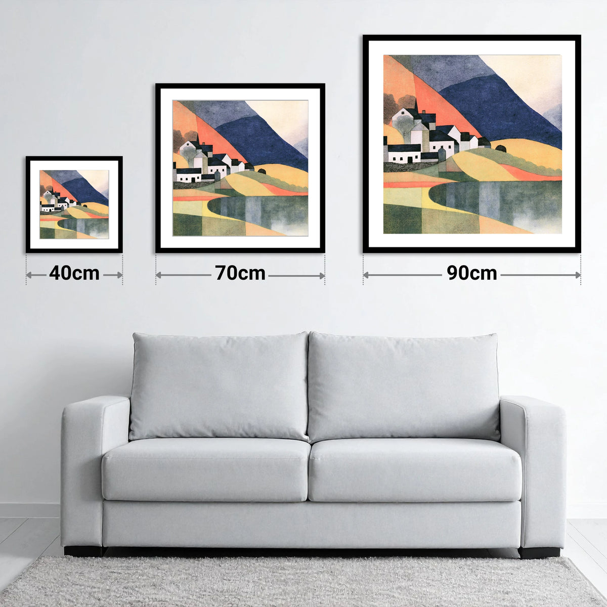 Lakeside Village and Indigo Fells - size guide showing 40cm, 70cm and 90cm art prints