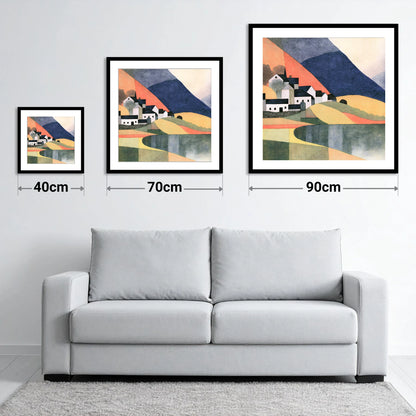 Lakeside Village and Indigo Fells - size guide showing 40cm, 70cm and 90cm art prints
