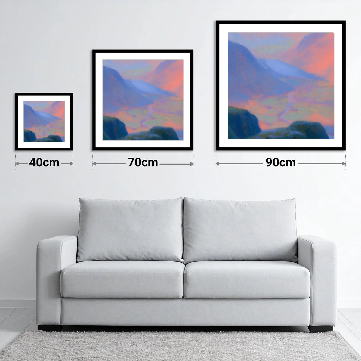 Wasdale Twilight from Great Gable - size guide showing 40cm, 70cm and 90cm art prints