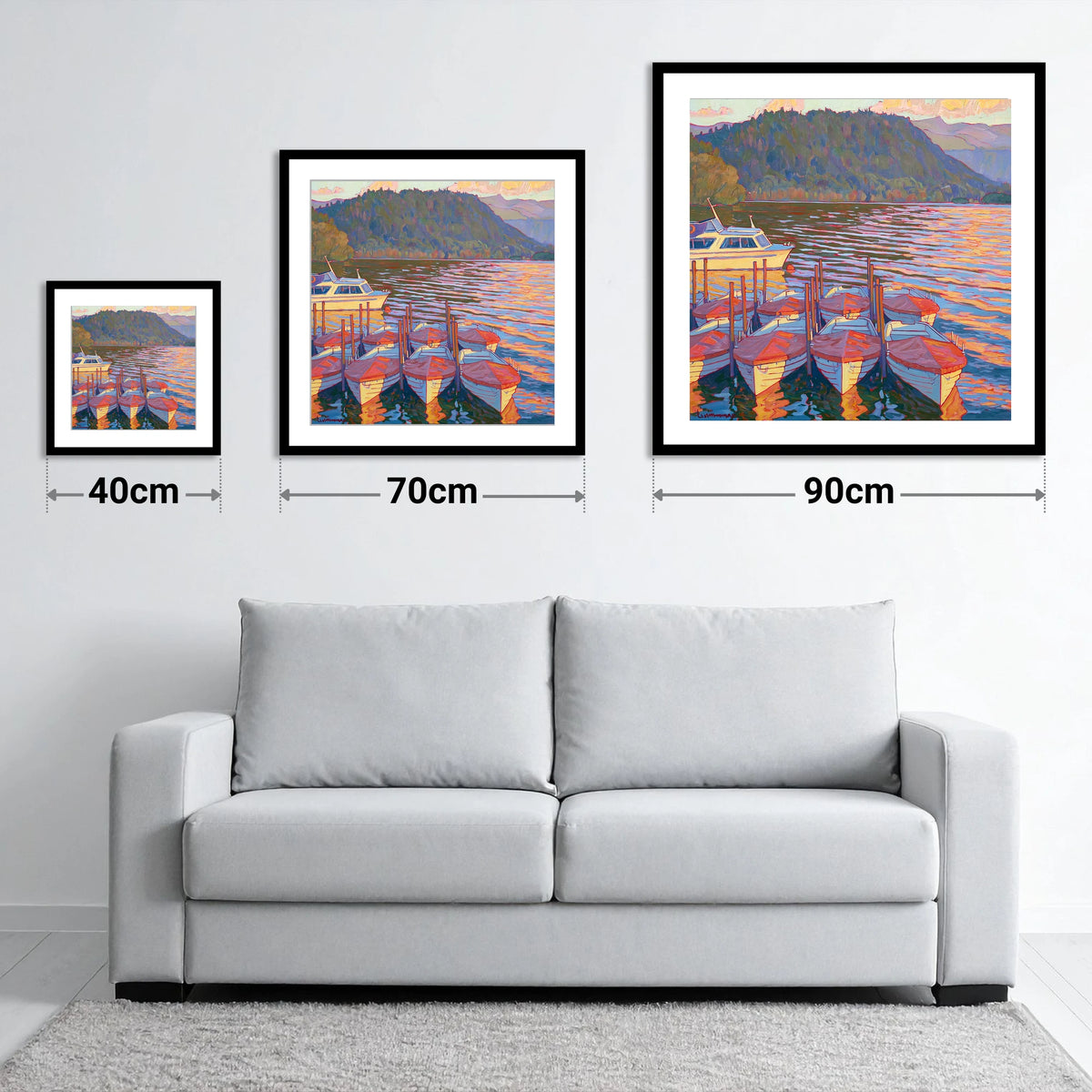 Red Covered Boats on Windermere - size guide showing 40cm, 70cm and 90cm art prints