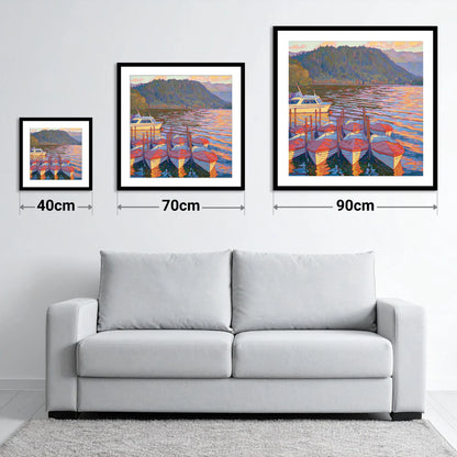 Red Covered Boats on Windermere - size guide showing 40cm, 70cm and 90cm art prints