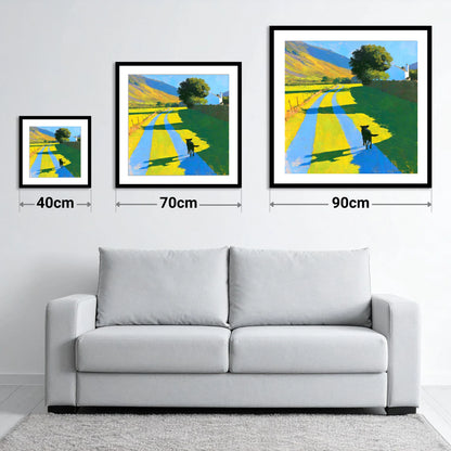 Summer Dog Walk in Wasdale - size guide showing 40cm, 70cm and 90cm art prints