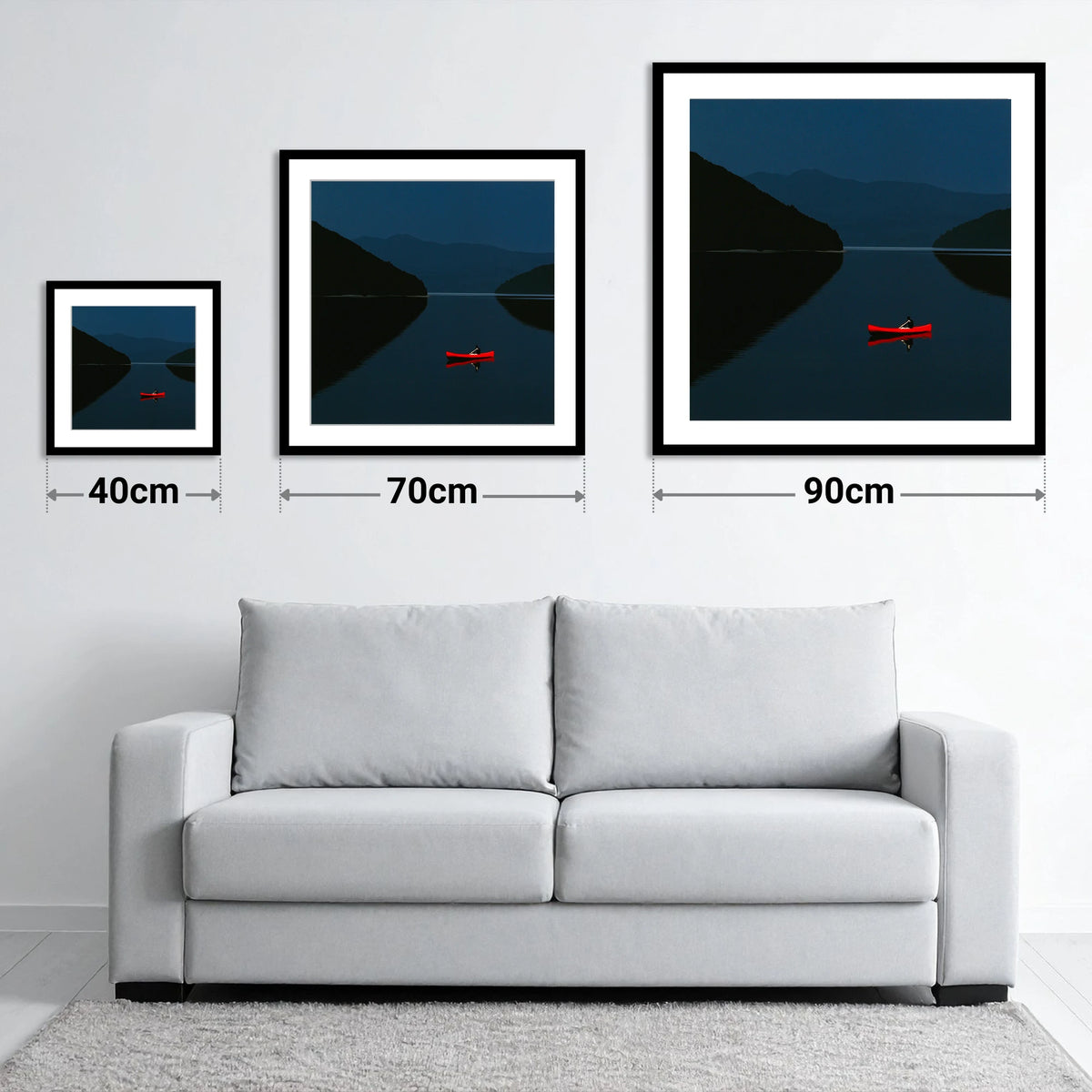 Red Kayak on Twilight Lake - size guide showing 40cm, 70cm and 90cm art prints