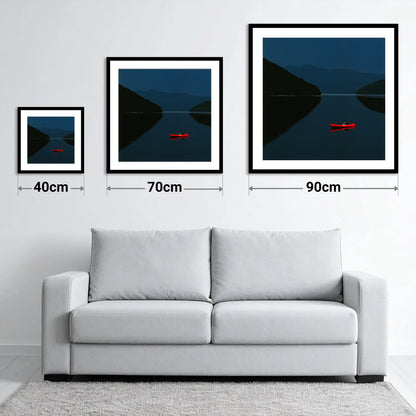 Red Kayak on Twilight Lake - size guide showing 40cm, 70cm and 90cm art prints