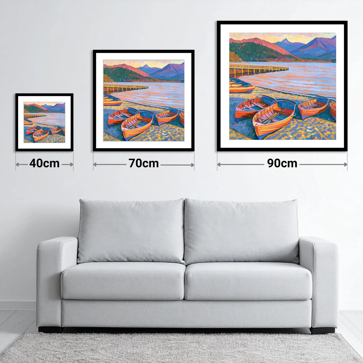 Orange Rowing Boats on Windermere - size guide showing 40cm, 70cm and 90cm art prints