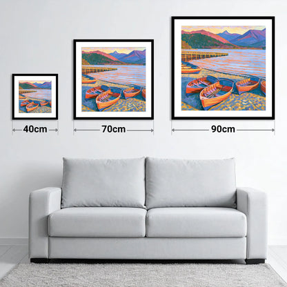 Orange Rowing Boats on Windermere - size guide showing 40cm, 70cm and 90cm art prints