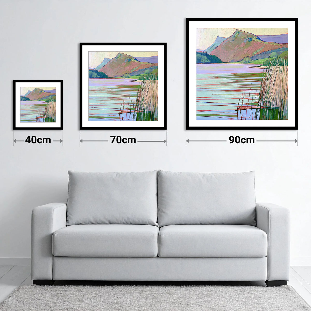 Grasmere Lake In Pastel Tones - size guide showing 40cm, 70cm and 90cm art prints