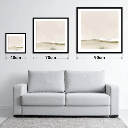 Minimalist Patchwork Fields in a Dale - size guide showing 40cm, 70cm and 90cm art prints