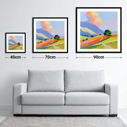 Winding Path Through Colourful Fells - size guide showing 40cm, 70cm and 90cm art prints