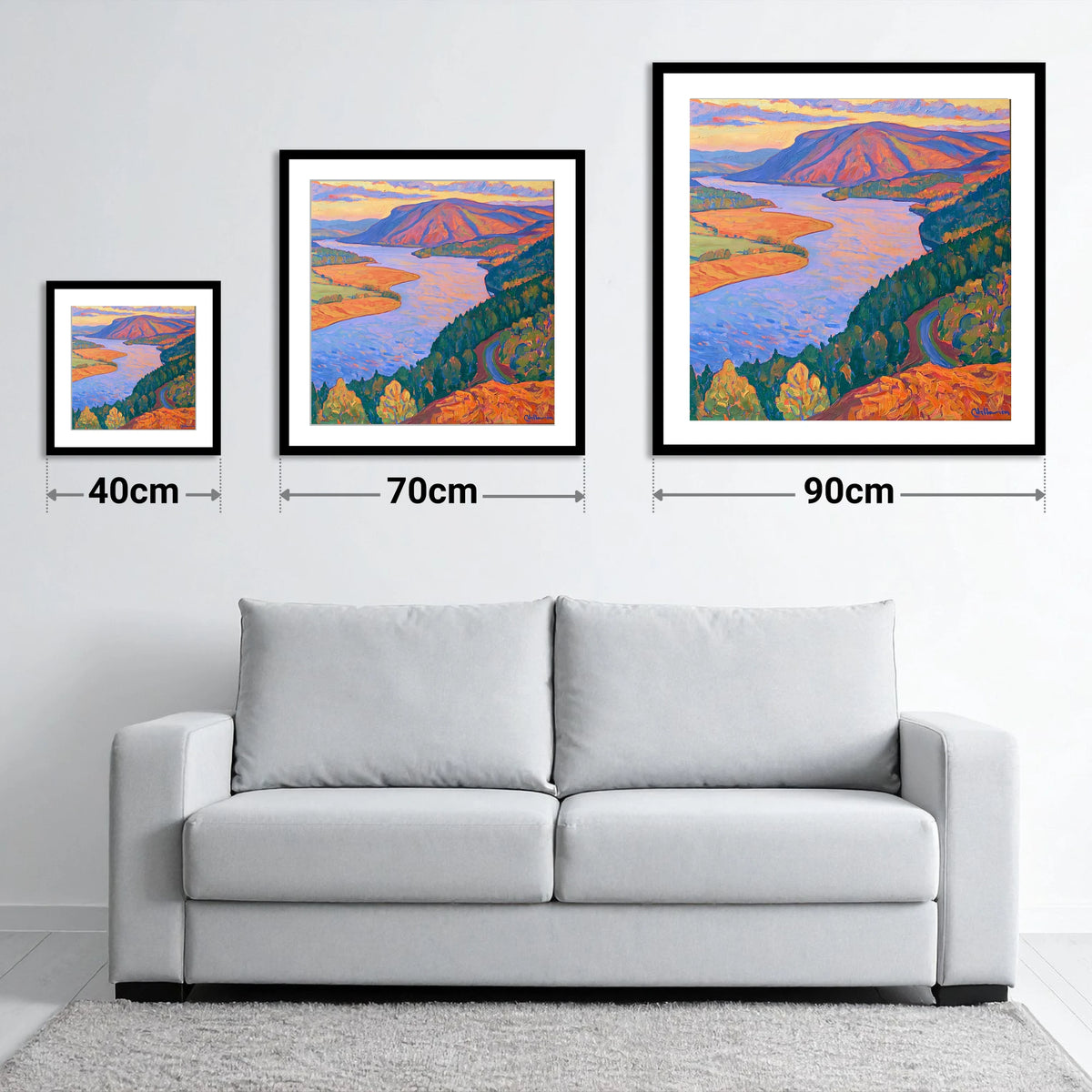 Vivid Sunset Above Bassenthwaite Lake - size guide showing 40cm, 70cm and 90cm art prints