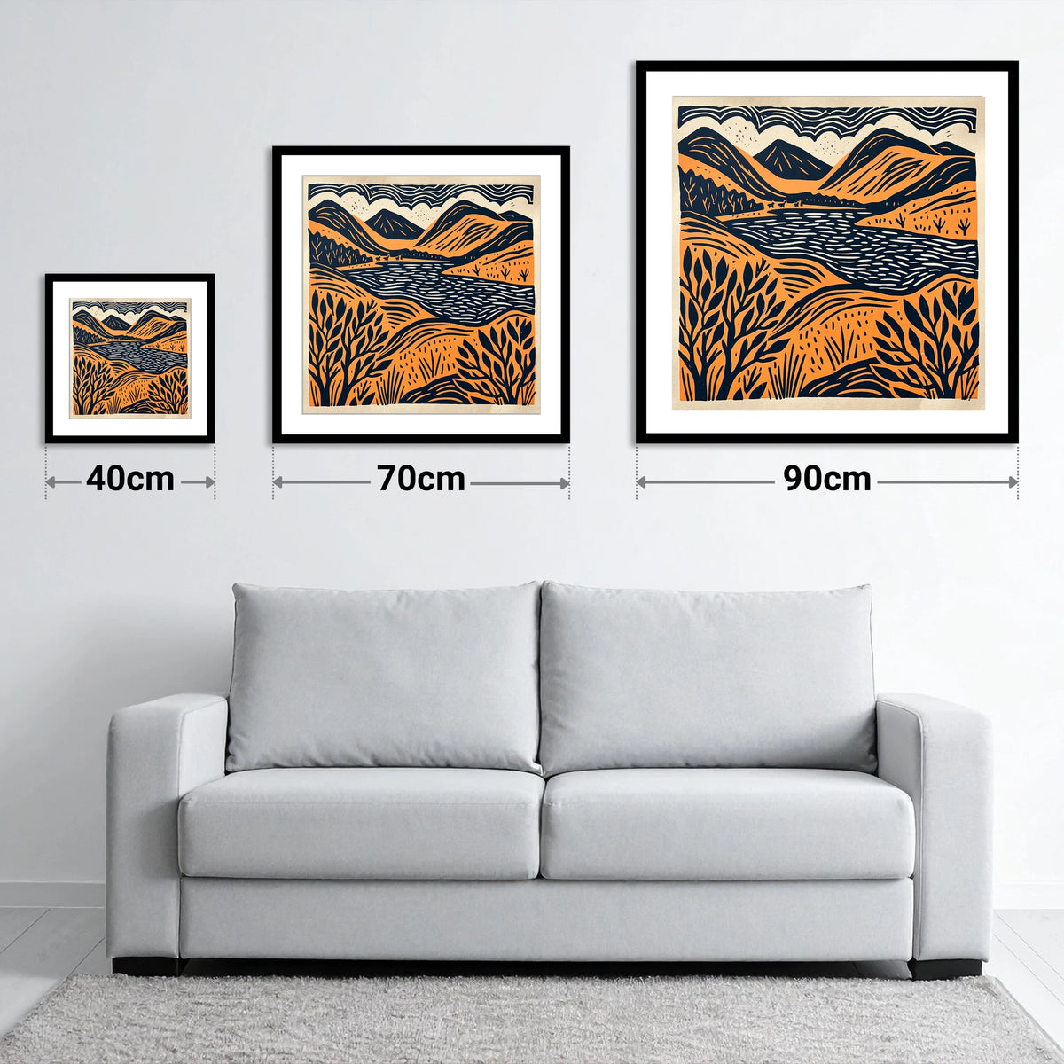 Terracotta and Navy Lake Fells - size guide showing 40cm, 70cm and 90cm art prints