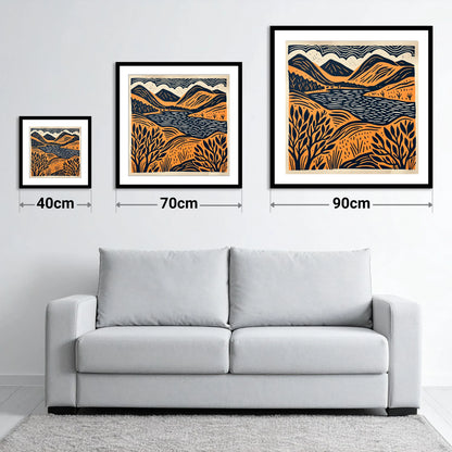 Terracotta and Navy Lake Fells - size guide showing 40cm, 70cm and 90cm art prints