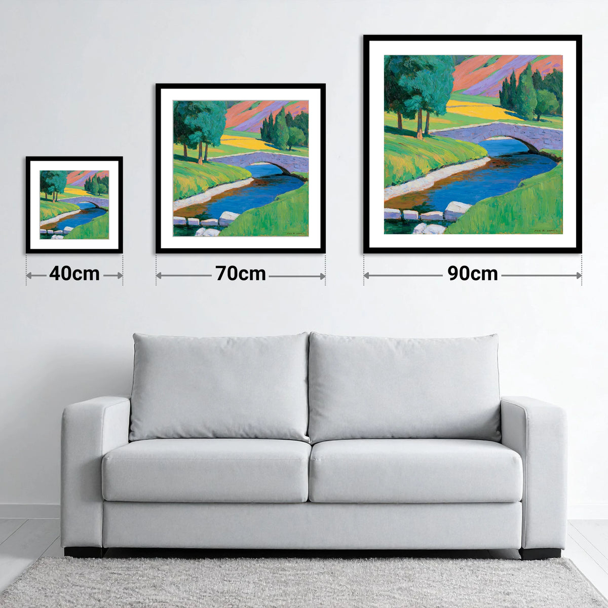 Stone Bridge and Purple Fells - size guide showing 40cm, 70cm and 90cm art prints