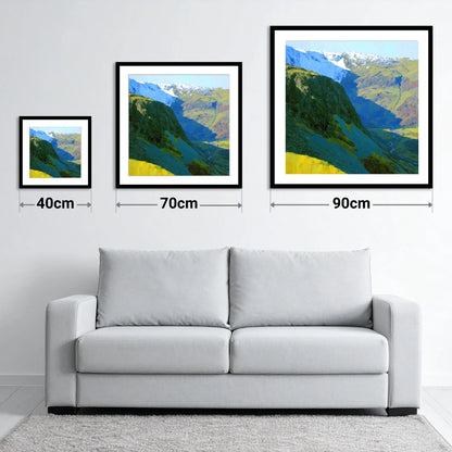 Vibrant Tarn Crag in Snow - size guide showing 40cm, 70cm and 90cm art prints