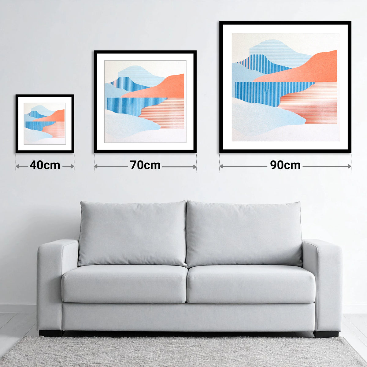 Graphic Lake Reflections In Coral - size guide showing 40cm, 70cm and 90cm art prints
