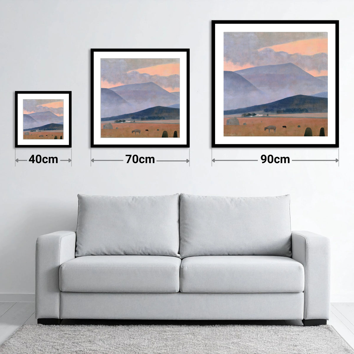 Pastel Storm Over the Fells - size guide showing 40cm, 70cm and 90cm art prints