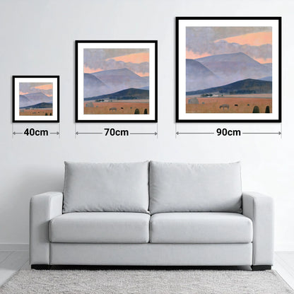 Pastel Storm Over the Fells - size guide showing 40cm, 70cm and 90cm art prints