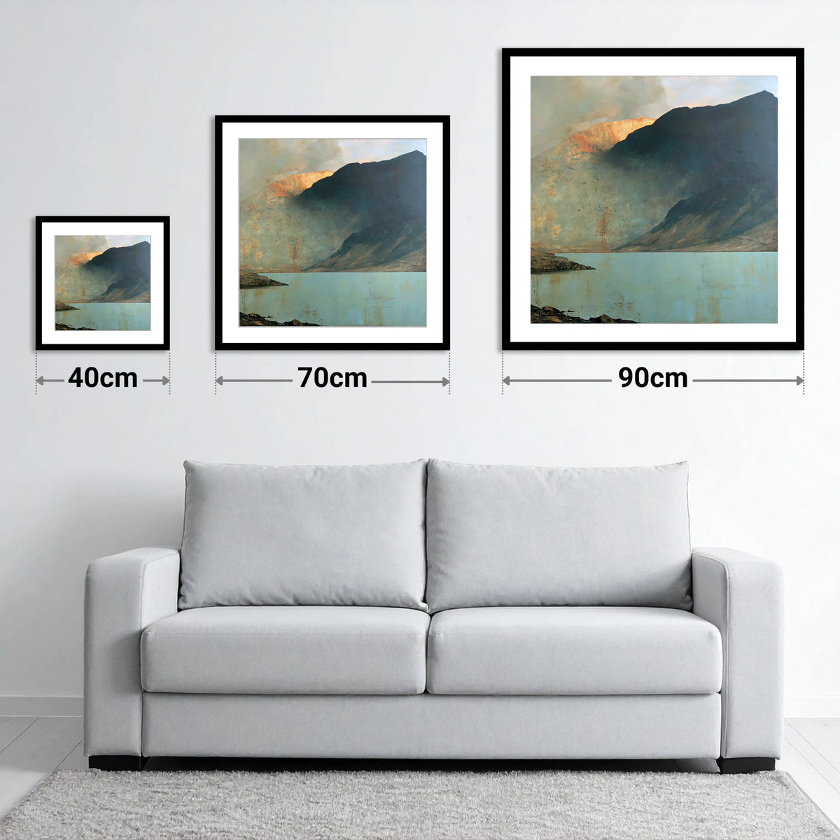 Wastwater Screes in Golden Light - size guide showing 40cm, 70cm and 90cm art prints