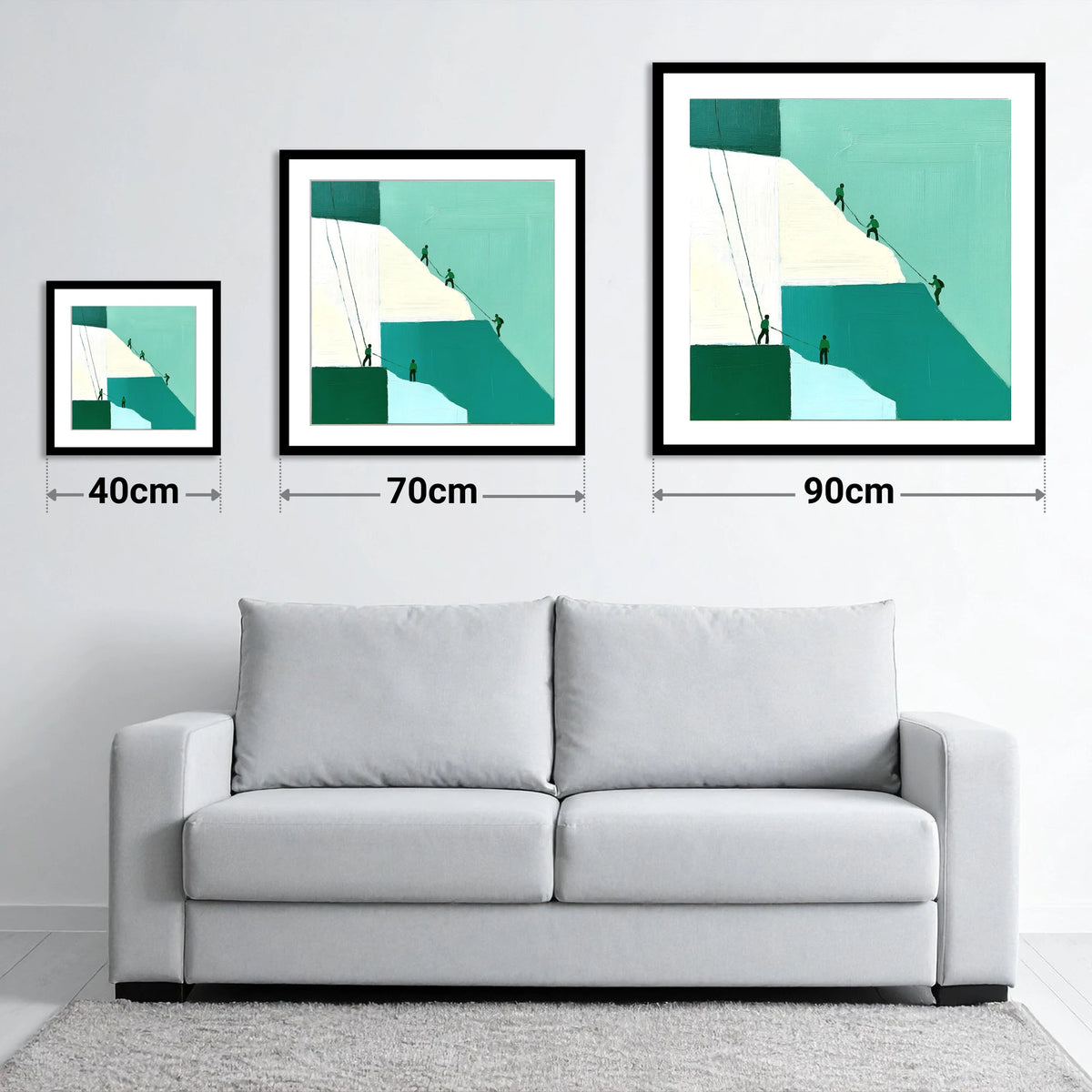 Climbers on a Teal Crag - size guide showing 40cm, 70cm and 90cm art prints