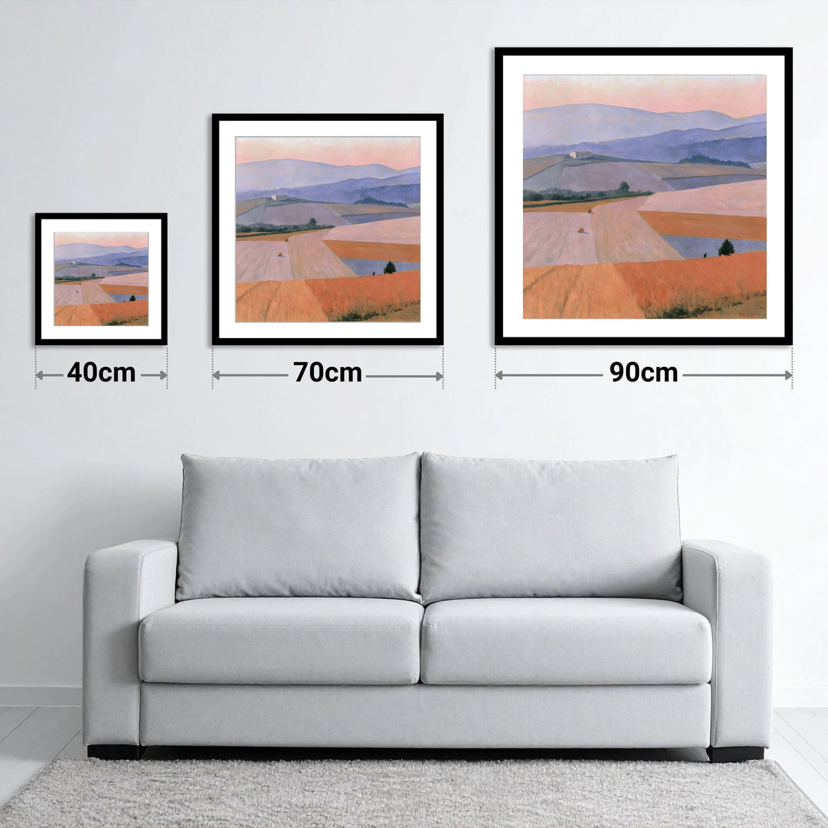 Pastel Dusk over Dale Fields - size guide showing 40cm, 70cm and 90cm art prints
