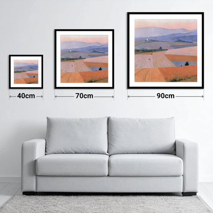 Pastel Dusk over Dale Fields - size guide showing 40cm, 70cm and 90cm art prints