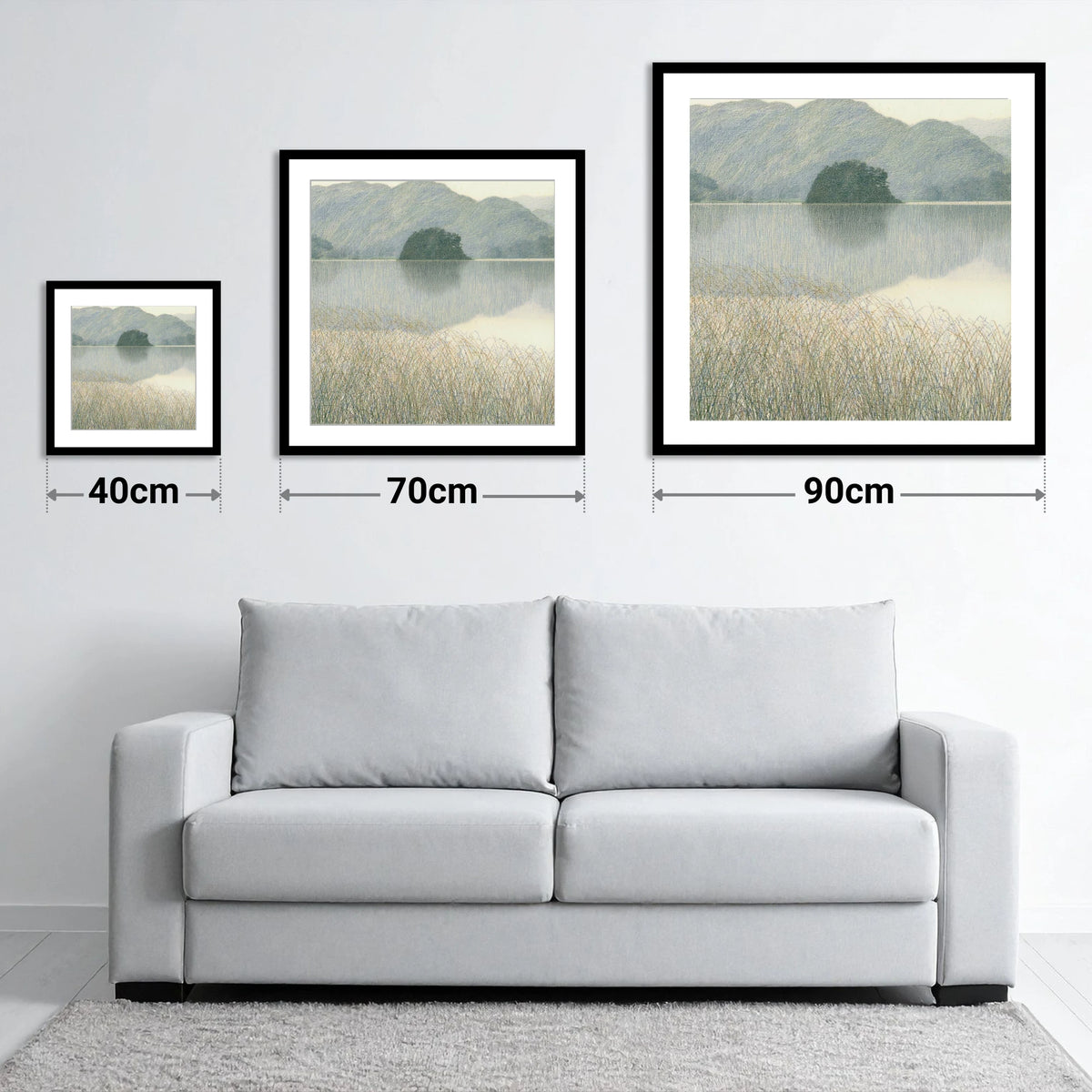 Grasmere Island Through Tall Grasses - size guide showing 40cm, 70cm and 90cm art prints