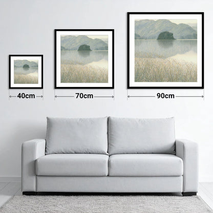 Grasmere Island Through Tall Grasses - size guide showing 40cm, 70cm and 90cm art prints